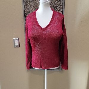 Chico's Design Dark Red Linen V-Neck Chunky Sweater